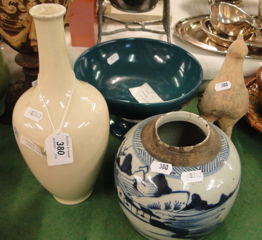 A Japanese vase, a Chinese comport with applied gold fish, a bird and a ginger jar.