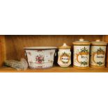 Finger plates, continental pottery storage jars and a Oriental reproduction armorial pot.