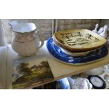 A Rockingham "Puce mark" jug, a Minton tile with painted cottage scene, plates and comport.