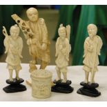 4 Carved ivory Chinese figures and a small carved ivory box.