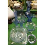 A Tamar glass vase and various 1930s blue glass bowls and vases.