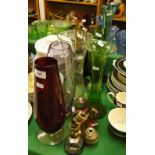 Various coloured glass vases and Cranberry beakers, etc.