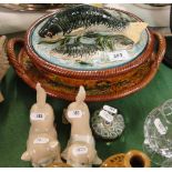 A pair of cats, a fish tureen on stand and a Millefiore paperweight.