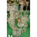 2 Glass cake stands, glass vases and scent bottle.