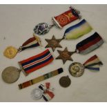 3 Second World War medals, a silver and enamelled Masonic medal, etc.