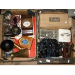 Box of cameras and equipment, copper and brassware.