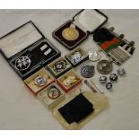 A Victorian medal, a Second World War medal, enamelled Dancing Competition badges, etc.