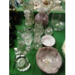 Mottled glass jug and dish, a decanter and other glassware.