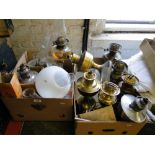 2 Boxfuls of oil lamps, oil lamp parts, shades, etc.