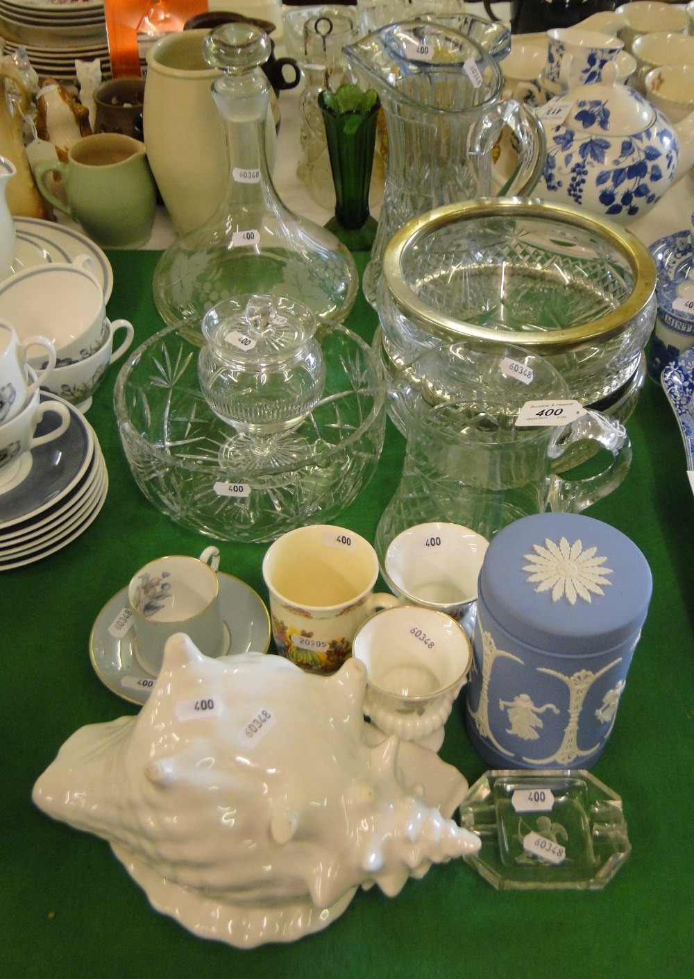 2 Cut-glass jugs, decanter, Wedgwood Jasperware jar and cover, etc.