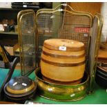 Antique spice tin, 2 small triple brass framed mesh fireguards,