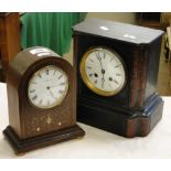 A slate and marble cased 2-train mantel clock and a inlaid Edwardian mantel clock by Bensons.