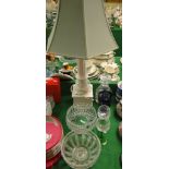 A white pottery table lamp and shade, glass fruit bowls, decanter, etc.