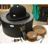 A bowler hat by Henry Heath and hat box, carved wood box, corkscrew, etc.