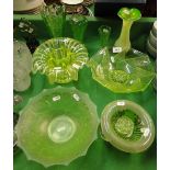 Art Deco green glass vases and dishes.