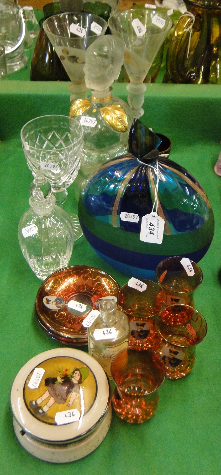 A set of 4 flash glass cups and saucers and other glassware.