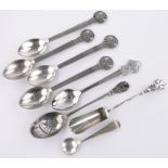 4 Georg Jensen insignia silver teaspoons, Maltese silver shovel shaped spoon, etc., (8).