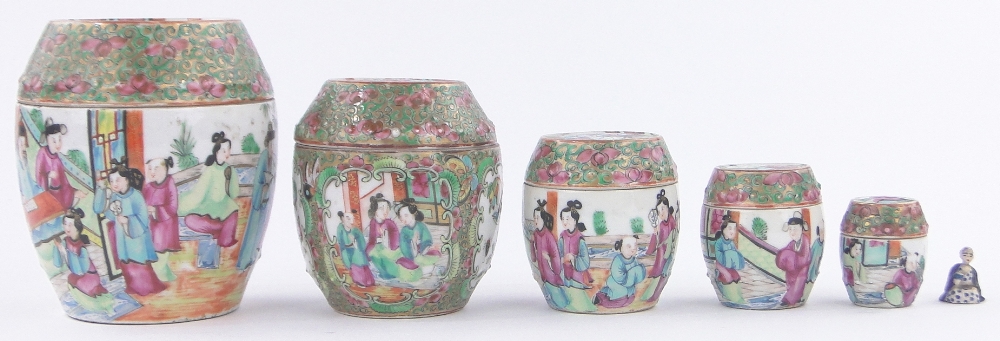 A nesting graduated set of 5 19th century Chinese Canton enamel barrel shaped pots and covers,