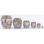 A nesting graduated set of 5 19th century Chinese Canton enamel barrel shaped pots and covers,