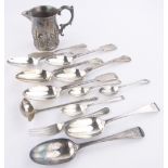 A group of Victorian and later silver flatware, and a scrap silver mug, gross weight 30.28 oz.