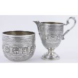 A Victorian Scottish silver sugar bowl and similar cream jug, with relief cast zodiac design panels,