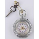 A Swiss silver cased keywind fob watch, circa 1900, with gilded enamel dial, case width 35mm,