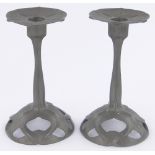 Pair of Orivit Art Nouveau pewter candlesticks, on pierced domed bases, height 18cm.