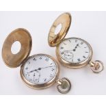 2 Gold plated half hunter topwind pocket watches, one Swiss made and one Waltham, (2).