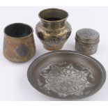 3 Pieces of Middle Eastern Islamic metalware, including a silver overlay dish, diameter 18cm, (3).