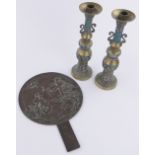 A pair of 19th century Chinese bronze and champleve enamel candlesticks, height 30cm,