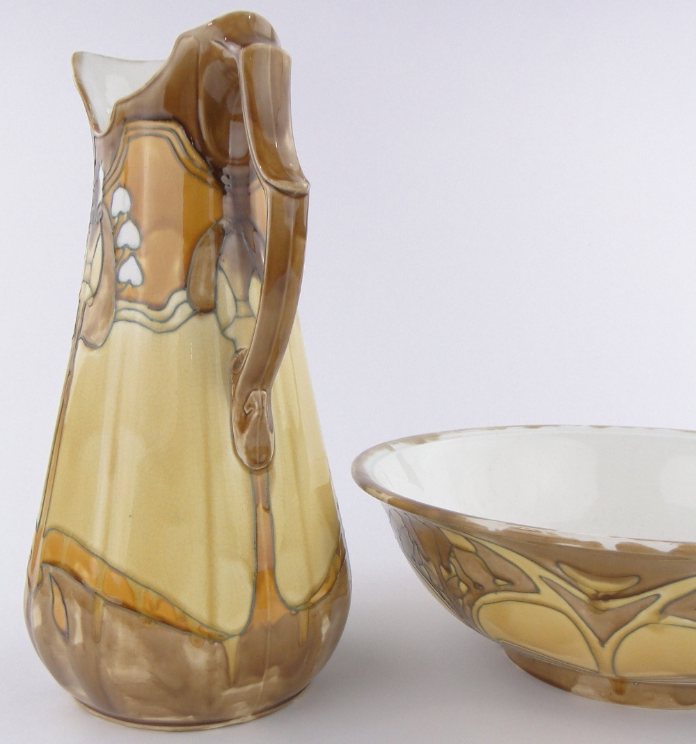 A Minton Secessionist pottery wash jug and basin set, tube-lined stylised Art Nouveau designs, - Image 3 of 3