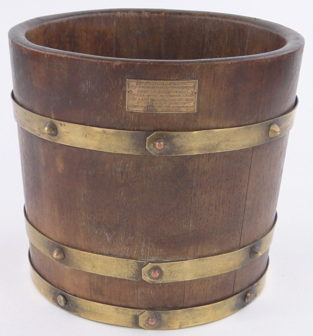 A coopered teak barrel made from timber of HMS Ganges, built at Bombay 1821,