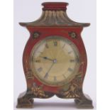 A chinoiserie gilded red lacquer cased pagoda shaped mantel clock, French made 8-day movement,