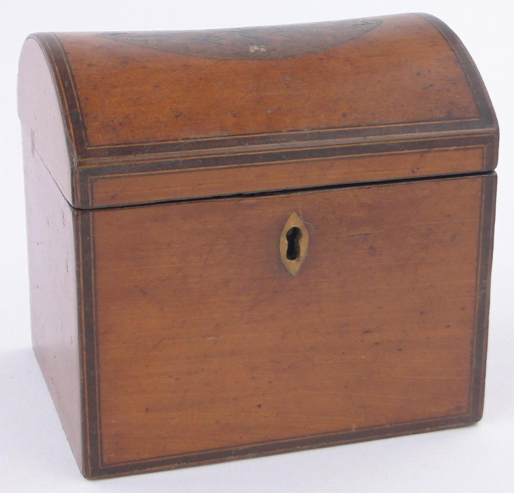 A 19th century satinwood dome top caddy, with inlaid leaf decorated marquetry panel, length 12cm,