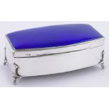 A silver and blue enamel lidded jewel box, on cast feet, Birmingham 1934, makers marks A C,