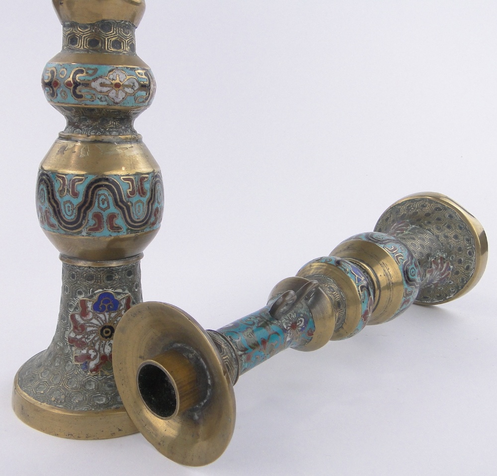 A pair of 19th century Chinese bronze and champleve enamel candlesticks, height 30cm, - Image 3 of 3