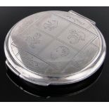 A Georg Jensen sterling silver compact, model no. 231H with engraved top, diameter 6.5cm.