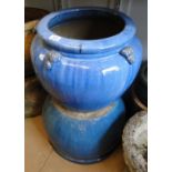 2 Blue glazed garden pots.