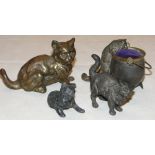 A small bronze cat, and 2 others and a cat and cauldron figure pin cushion, (4).