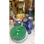 Large Majolica vase, Rhineware jugs, Majolica plates, etc.