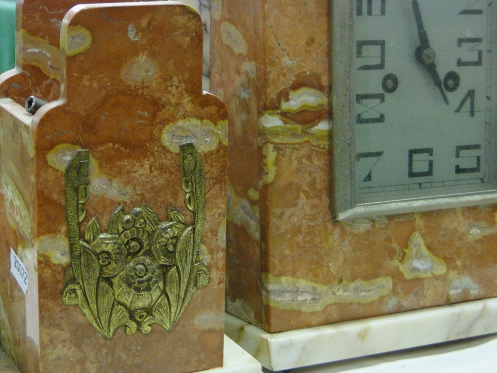 An Art Deco French coloured marble 3-piece clock garniture. - Image 2 of 2