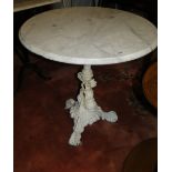 A grey and white veined circular marble top garden table on a painted cast metal base.