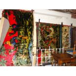 3 Eastern silk wall hangings and a small Bokhora rug.