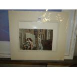 19th century watercolour, genre interior scene, signed with monogram, 10" x 13", mounted.