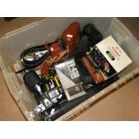 A box of Vintage cameras, miniature tv, etc.