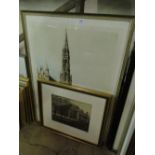 Coloured etching, Brussels Hotel de Ville, and a coloured etching, Vienna Opera House, framed, (2).