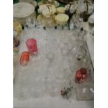 Various drinking glasses, cut-glass box, decanters, etc.