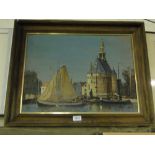 Anthony Flemming, oil on canvas, continental harbour scene, signed, 16" x 22", framed.