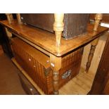 A Vintage pine plank top kitchen table with end frieze drawer on turned legs, length 4'5".