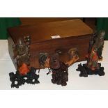 3 Carved Oriental figures and a box.